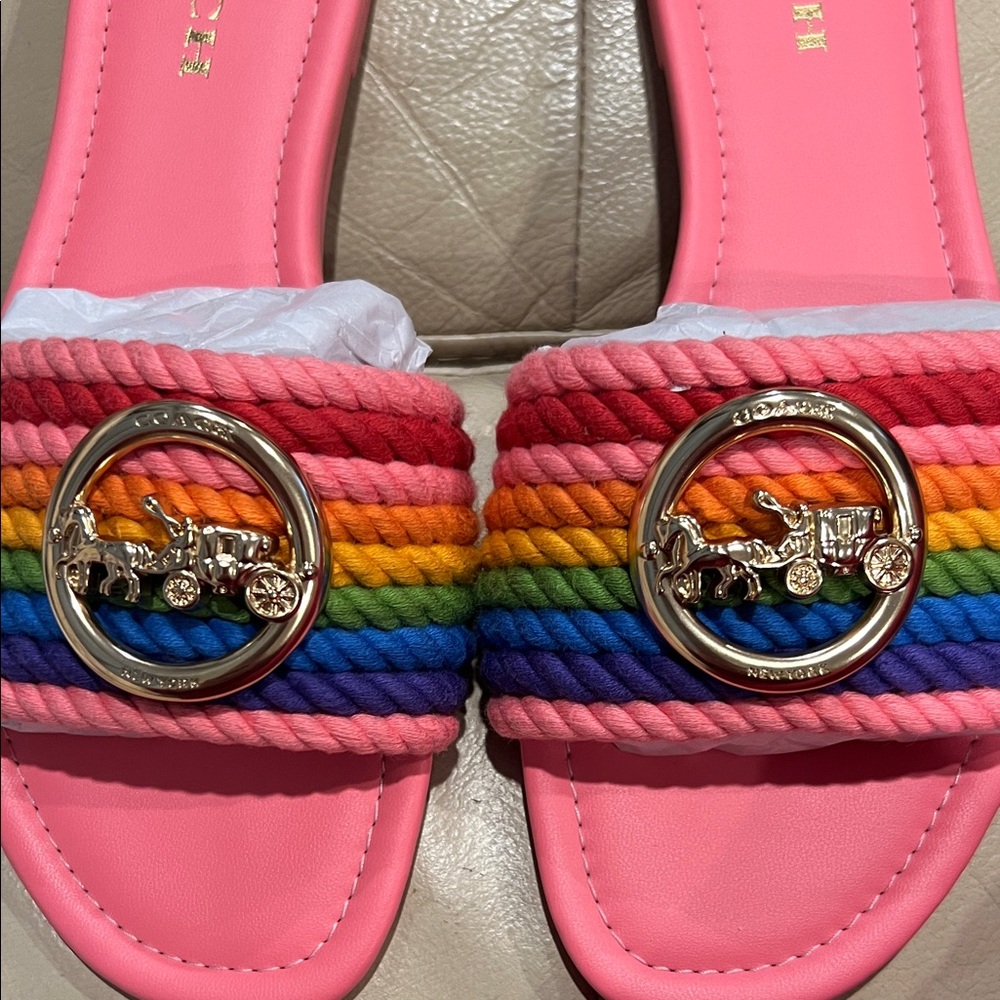 COACH Jolie Pink Rainbow Rope Slide Sandals NWOT / NWOB - Picture 4 of 11
